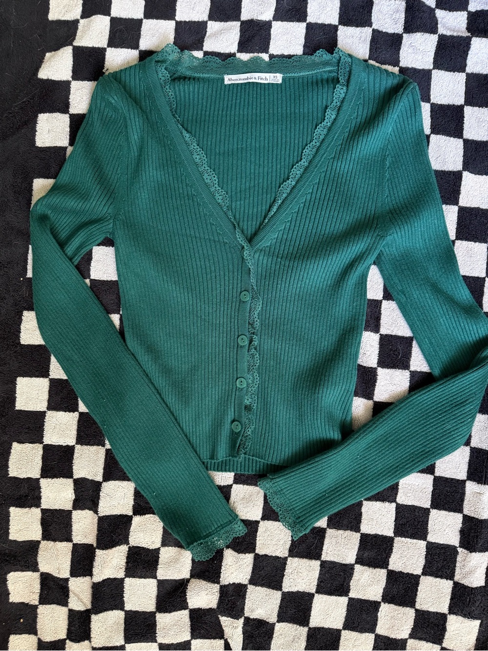 Abercrombie & Fitch Green Ribbed Lace Trim Button Cardigan Sweater